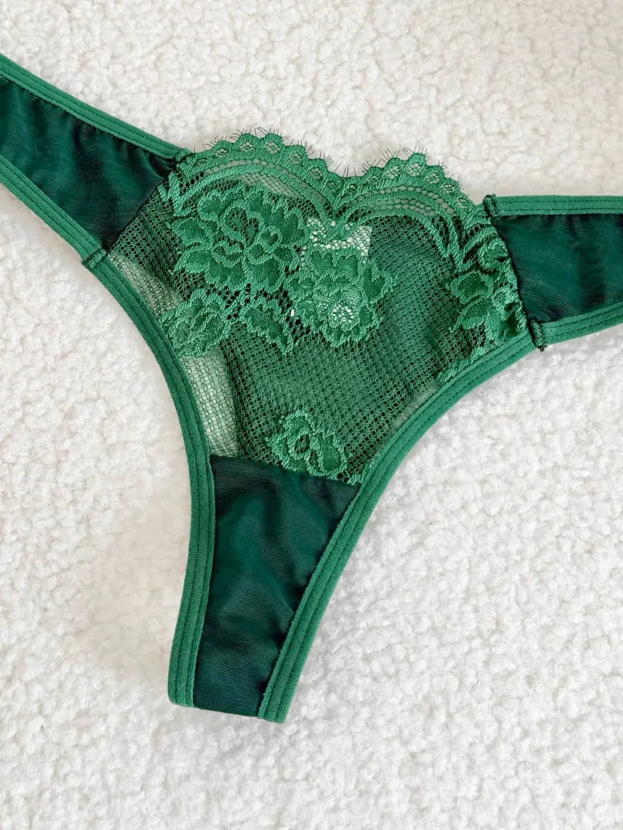 Sexy Vintage Green Eyelash Lace Lingerie Set Ladies Sheer Mesh Underwire Bra Thong Nightwear 2‑Piece S‑XL