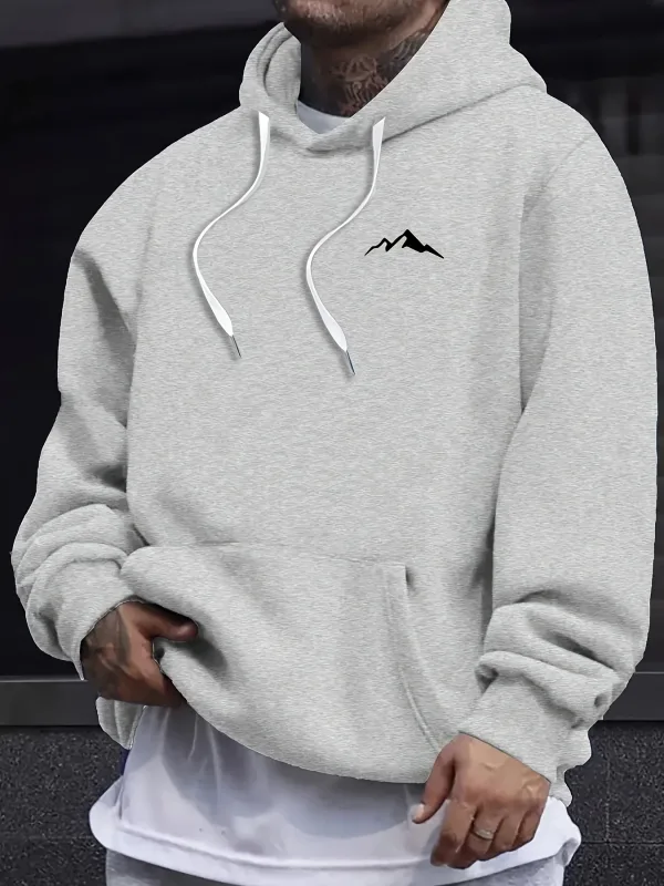 Men's autumn and winter casual fashion loose mountain print long sleeved hooded sweatshirt warm pullover