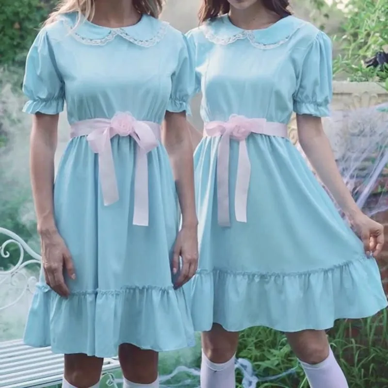 Kawaii Doll Collar Dress Puff Sleeve Tiered Ruffle A-Line Dress dengan Bow Belt for Daily Party Club Lolita Style Fairy Mini Dress