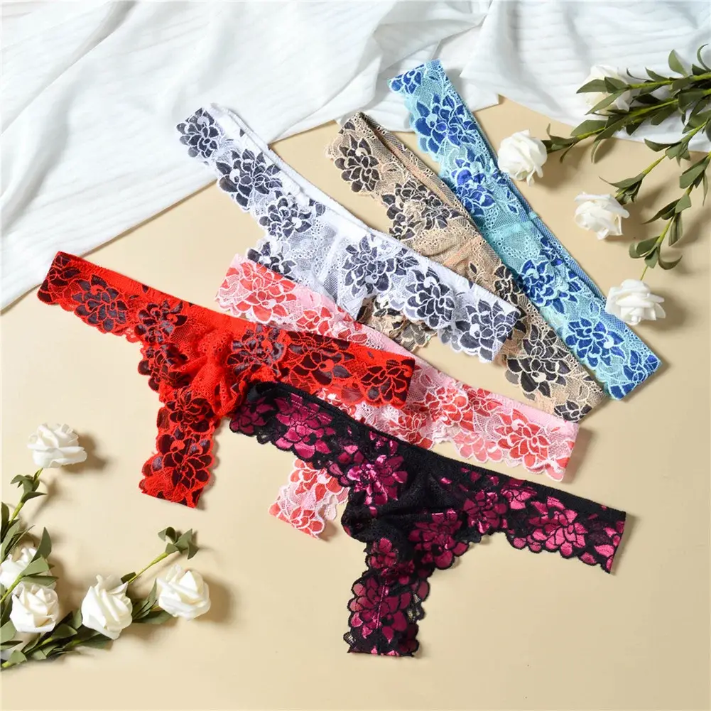 Men Floral Lace Thong Low Rise Elastic Waist G‑String Breathable See‑Through Floral Print Male Underwear Sexy Lingerie Panties