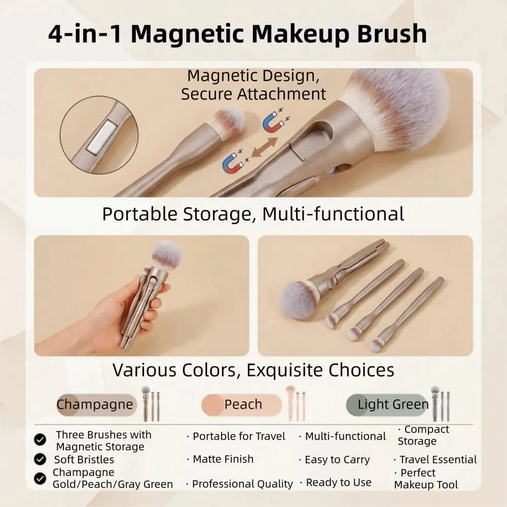 4Pcs 4 in-1 Makeup Brush Set Magnetic Suction Powder Blusher Brush Travel Makeup Brushes Soft Concealer Brush