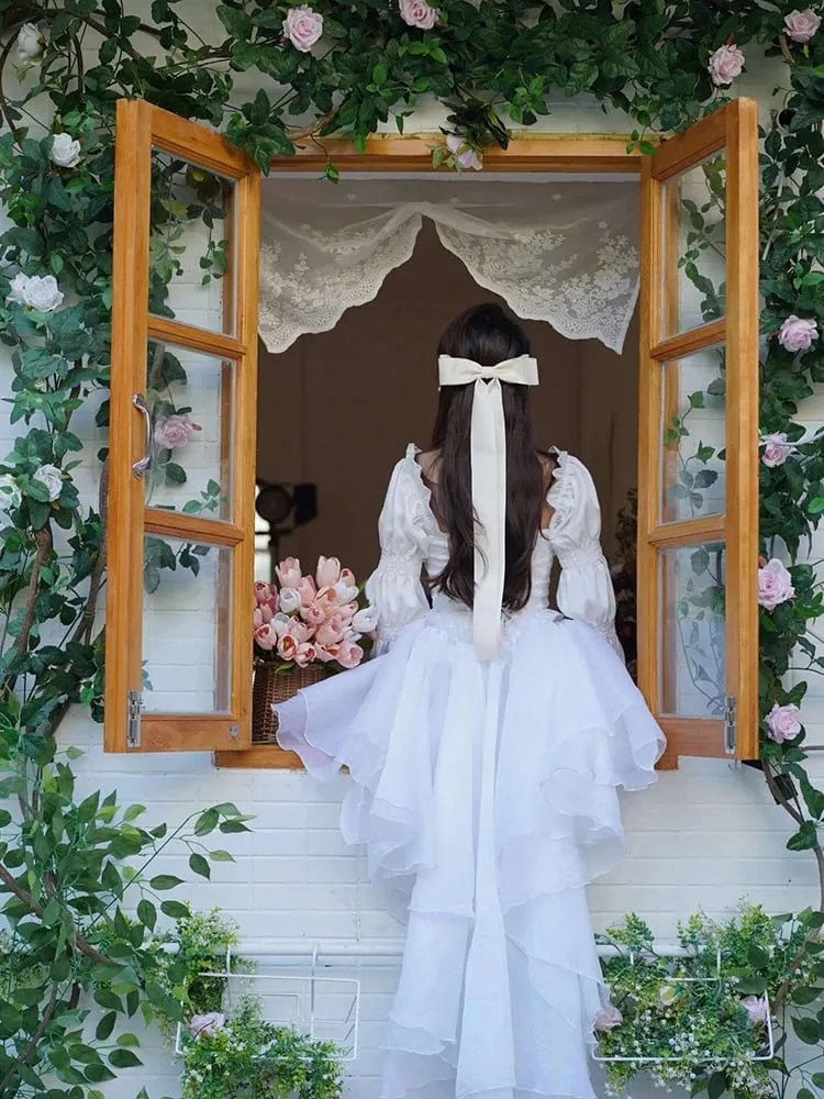 REDDACHiC Princess Trailing Festkjole Kvinder Hvid Blomsterbroderi Pufærmer Snøring Rygløs Hi-Lo Minikjole Brudekjole