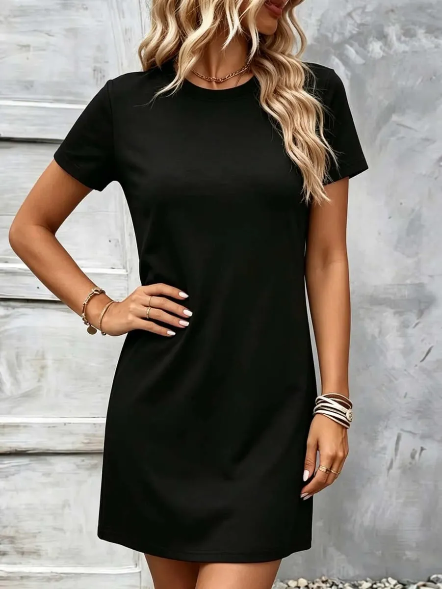 Women's Casual Daily Commuting Simple Straight-Cut Short-Sleeved Dress Comfortable and Versatile.
