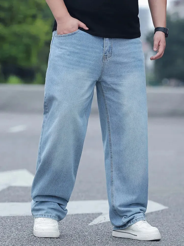Plus Size Men's High Waist Straight Leg Jeans Four Seasons Loose Baggy Denim Trousers Casual Versatile Long Pants New