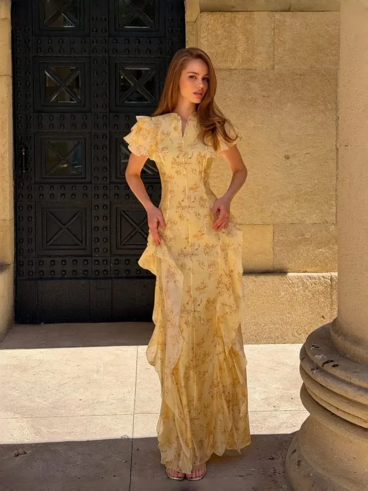 Floral Print Stand Collar Ruffled Tiered Dress Waist Cinched Flutter Sleeve 2026 Summer Women Dress Casual Delicate Lady Vestido