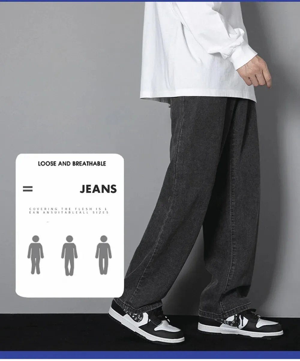 Jeans Panjang Kasual Pria Warna Solid Korea Celana Lebar Denim Lurus Empat Musim Pria Klasik Celana Lebar Biru Muda Abu-abu Hitam 3XL