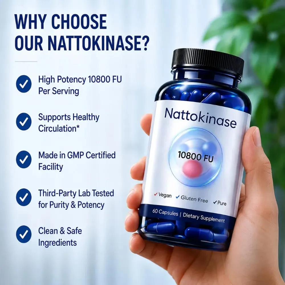 Nattokinase 10800 FU 540mg Fibrinolytic Enzyme Supplement Vegan Non GMO Gluten Free Dietary Supplement 60 Capsules Daily Support