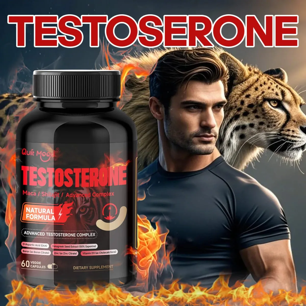 Quit Mood Men's Testosterone Capsules | 100mg Maca & 50mg Shilajit & More | Hormone Balance & Stamina Enhancer – 60 Capsules