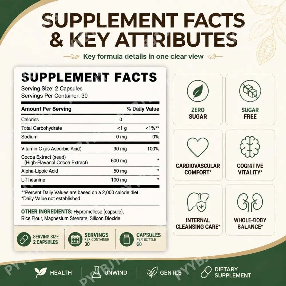 Docteat Cocoa Flavanols Capsules 600mg with Vitamin C L-Theanine & Alpha Lipoic Acid for Daily Wellness Support 60 Capsules