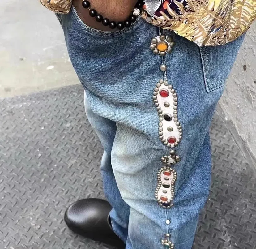 Hirata and Hiroshi 24SS Classic Rivet Set Diamond Vintage Jeans Casual Cowboy Gemstone Craft Men Pants