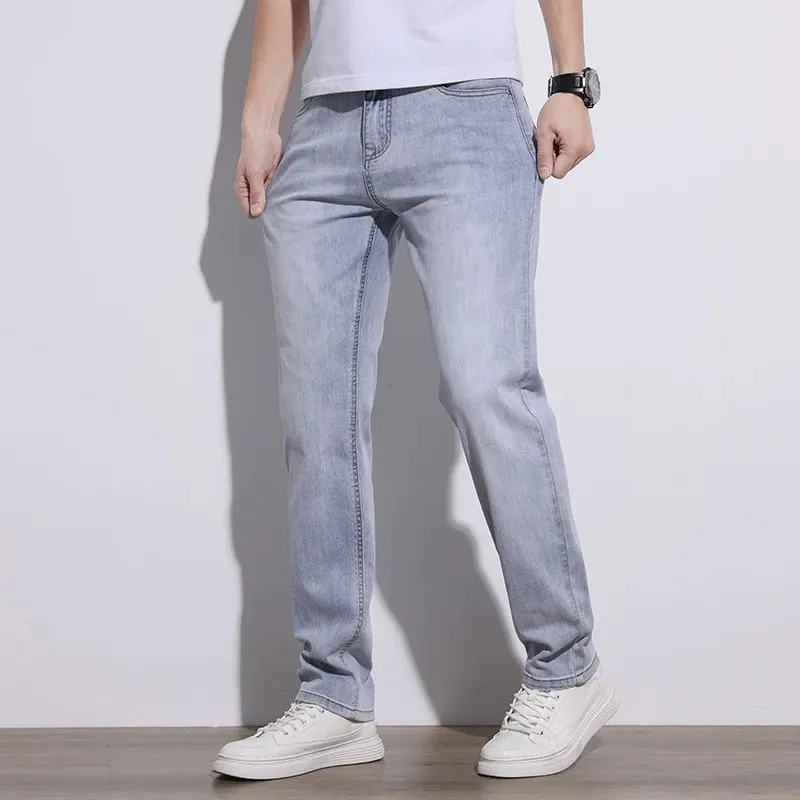 Herrejeans Stretch Slim Regular Fit Grå Lyseblå Mørkeblå Jeans Til mænd Denimbukser Causal Streetwear Herretøj