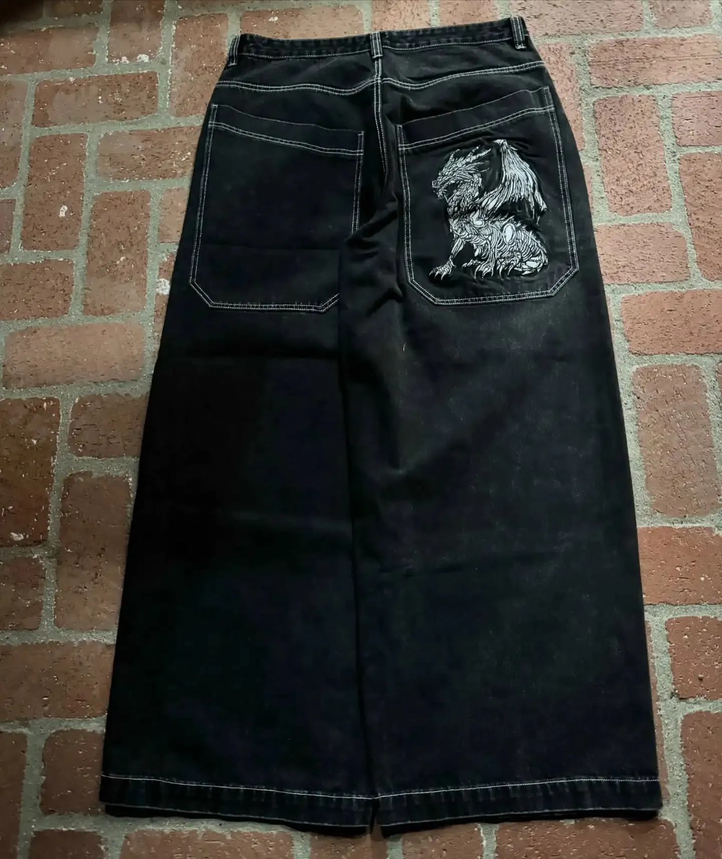 Men Gothic Cross Print Black Denim Baggy Pants Mid Waist Big Pocket Design Loose Fit Hip Hop Streetwear Jeans for Daily Casual
