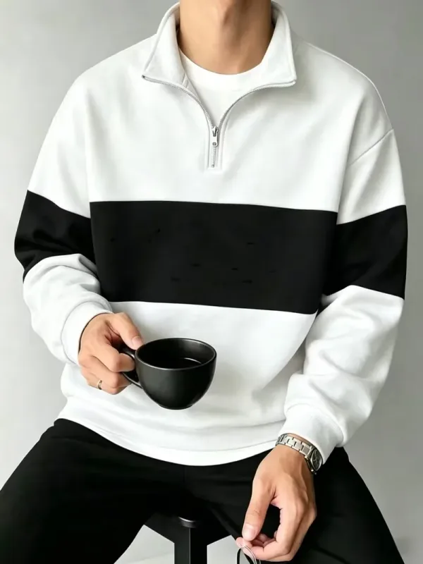 Autumn and Winter Color Blocking printed Men's Clothes Casual Half Zip Long Sleeve Sweatshirts Street Trend Stand Collar Hoodies