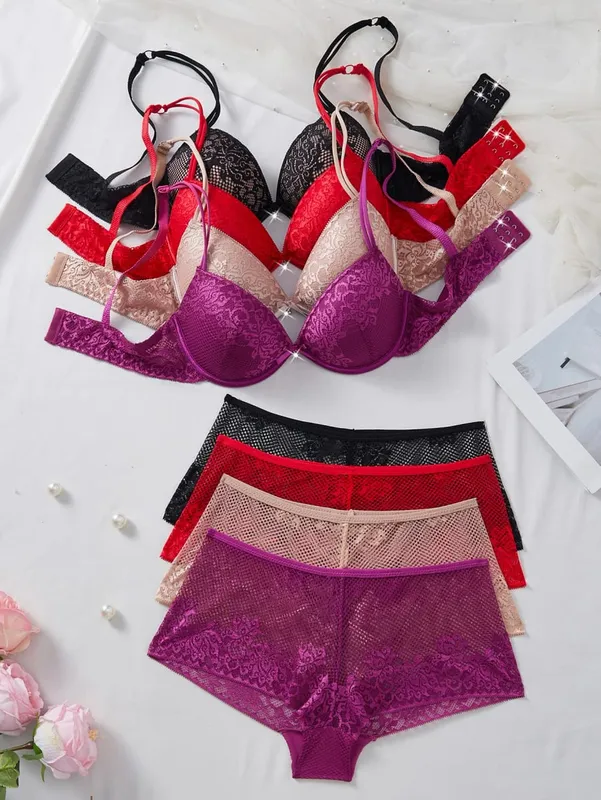 4 PCS Women's Underwear Set Sexy Floral Lace Push Up Bra Sheer Breathable Panties Stylish Comfortable Sexy Lingerie