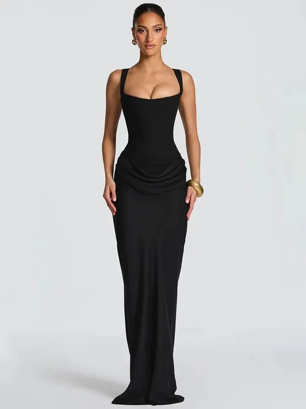 Mozision Backless Ruched Sexy Maxi Dress Women Elegant Square Collar Tapered Straps Sleeveless Bodycon Club Party Long Dress