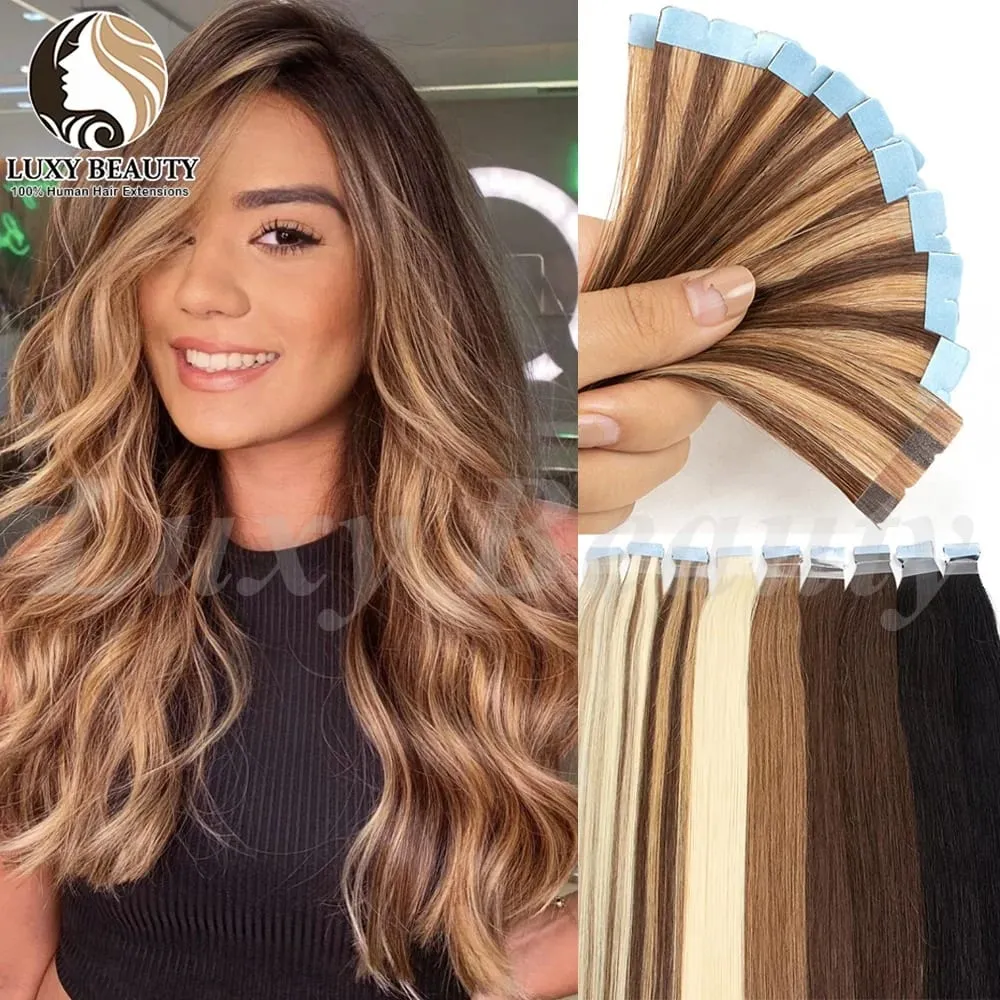 Brown Blonde Mini Tape in Human Hair Extensions Double Side Seamless Natural Straight Black Tape Ins Hair Extensions 10pcs/set