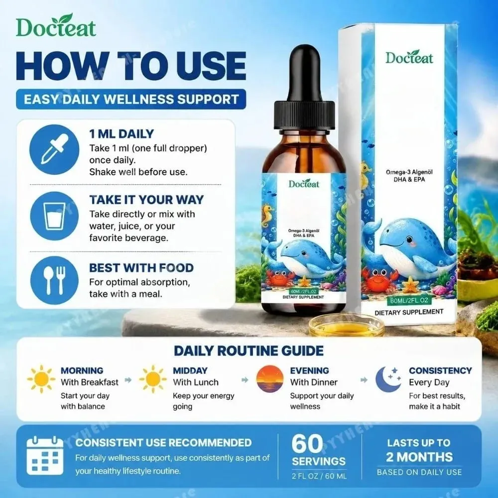 Docteat plantebaseret omega-3 algeolie DHA EPA væskedråber Børn Hjernesundhed Vegansk ikke-GMO Daglig ernæring Orange 60 portioner