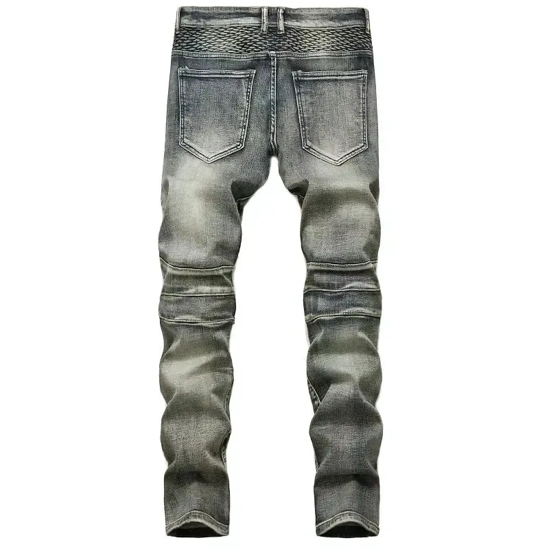 Men's New Casual Motorcycle Jeans Hip Hop Street Riding Stretch Slim Fit Straight Pants Patchwork Fashion Denim Trousers Male