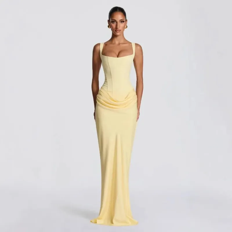 Ladies' formal square neck sleeveless waist cinching design with pleated fish tail long skirt for dinner party slimming dress