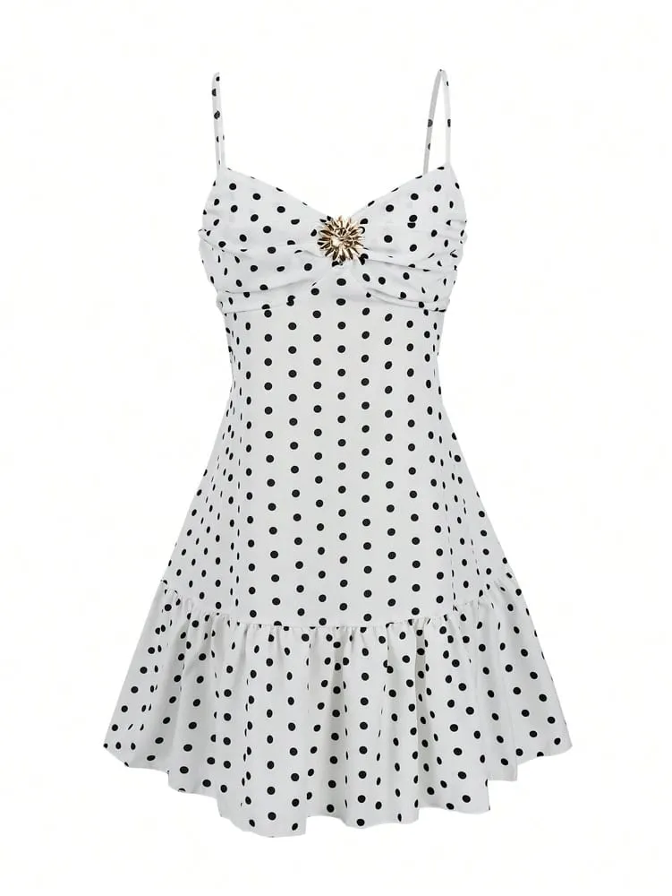 2026 Summer New Women's Polka Dot Mini Dress Sexy Spaghetti Strap Ruffle Hem Cami Dress Vacation Beach Party Dress