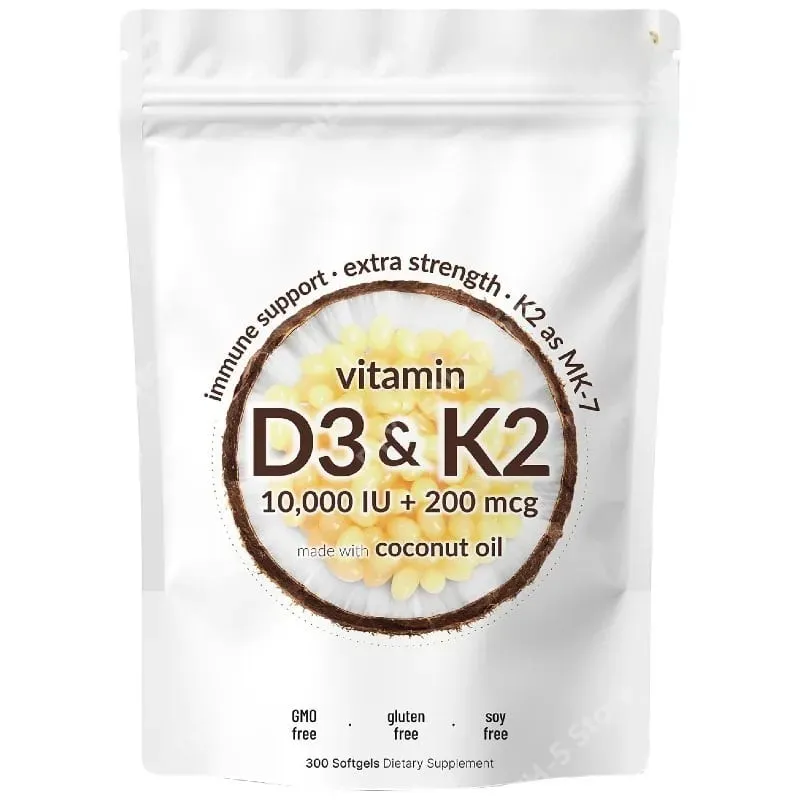 Vitamin D3 K2 Softgels D3 10000 IU + K2 MK-7 200 Mcg Softgels with Coconut Oil 2-in-1 Vitamin D & K Daily Supplement 180 Count