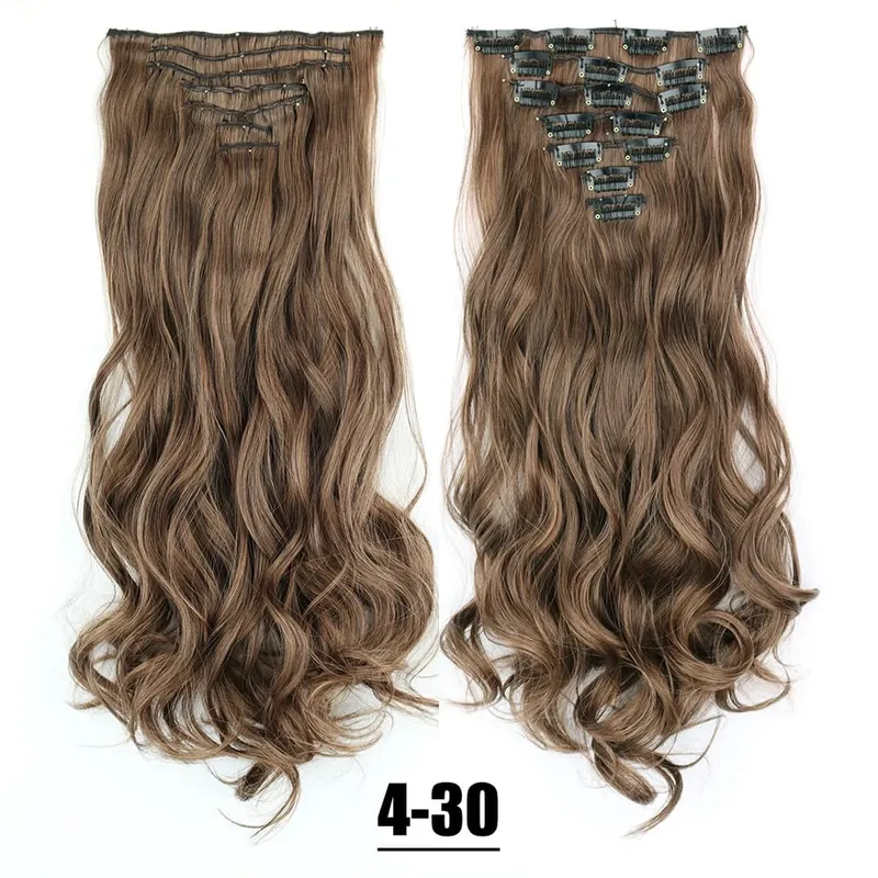 合成 16 クリップヘアエクステンション 7 ピース/セットロングウェーブのかかったヘアスタイル 24 インチ 140 グラムクリップ耐熱ブラックブラウンヘアピース