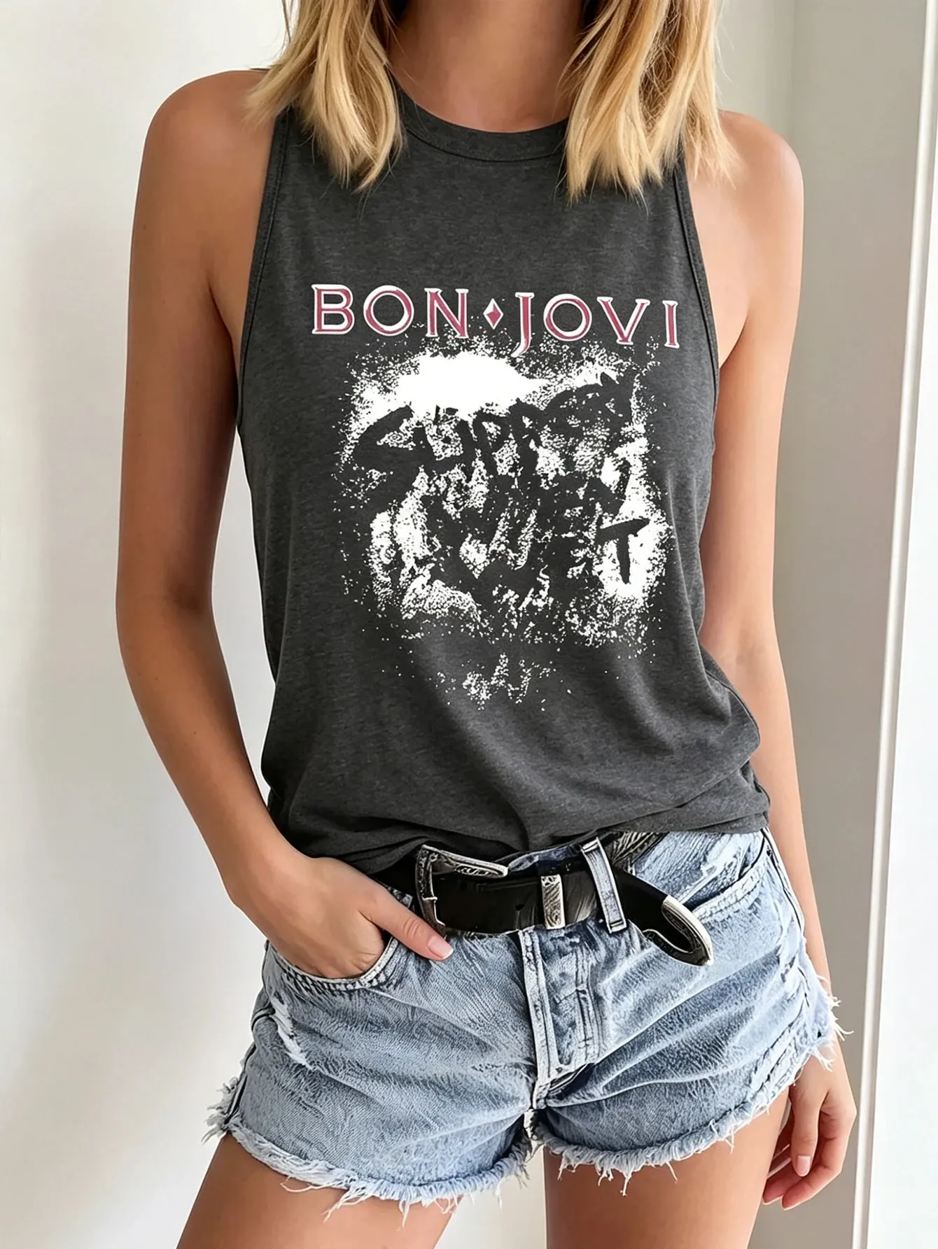 Women's Fashionable Casual Rock Retro Style Band Retro Print Sleeveless Top