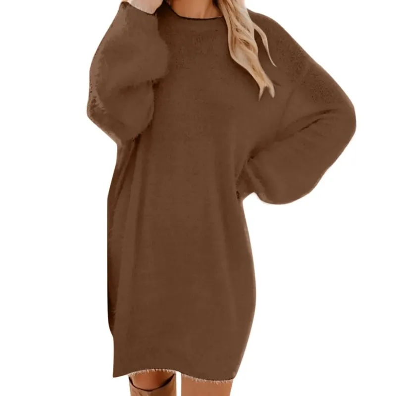 Damski sweter zimowy dzianinowy okrągły dekolt ciepły, długi rękaw O-Neck Casual bluzy sukienka jednolity kolor ponadgabarytowy podstawowy materiał damski