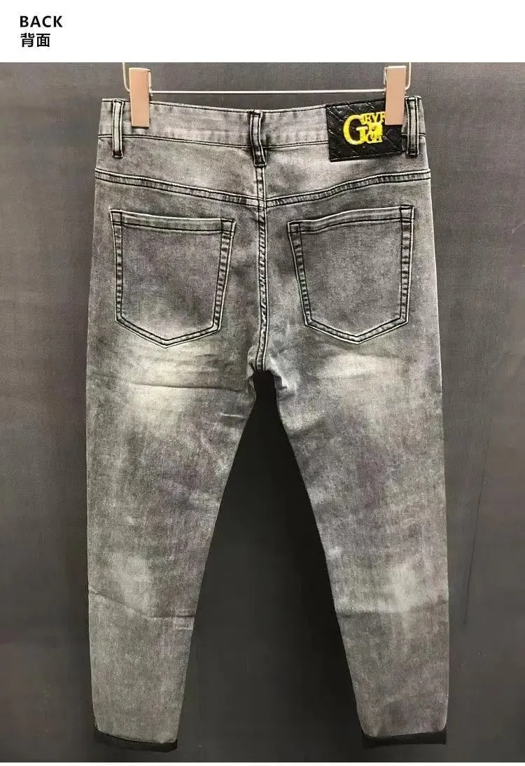 High-end Hot Diamond Jeans Men's Spring and Autumn Tide Brand Slim-fitting Small Feet Tiger Print Gray Casual Men Trousers Man