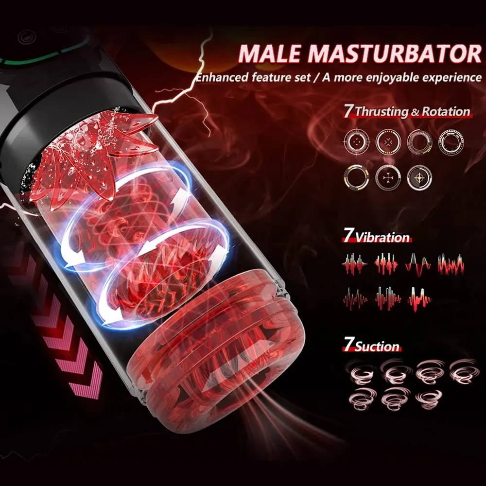Automatisk manlig onanistficka Cat 7 push Roterande vibration Suck Lick Strykande vakuumpump och LCD-skärm Penispump Vuxenleksak