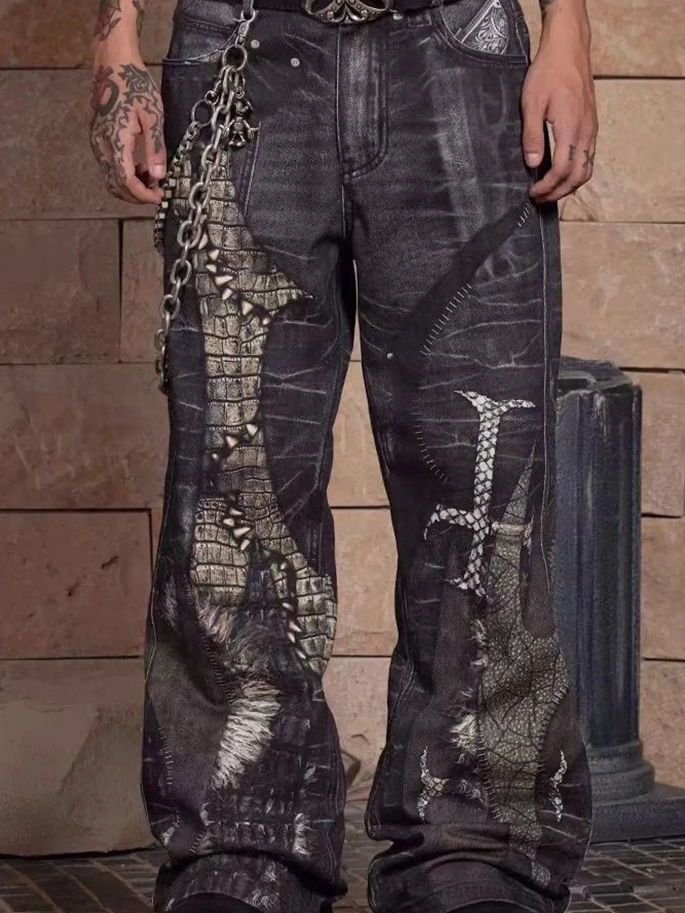Men's Gothic Crocodile Snake Print Wide Leg Jeans Vintage Washed Denim Pants Streetwear Fashion Loose Straight Fit Trousers