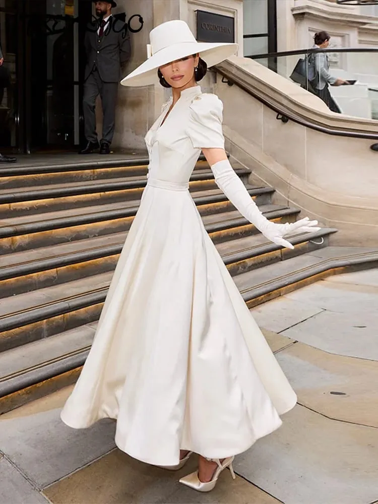 Deep V-neck Waist Cinching Big Swing Long Dress Women Sexy Puff Short Sleeve Solid Slim Evening Dresses Charming Ladies Vestidos
