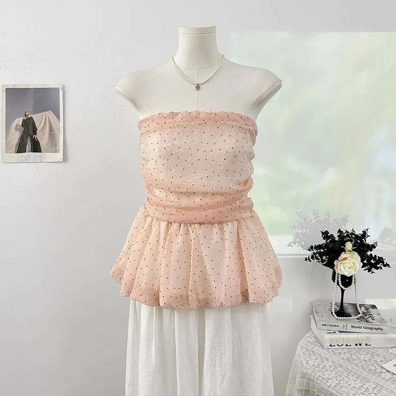 Sexy pleated dots Camis Chic tube top Slim Korean Tanks Top Elegant off shoulder Crop Top Summer Women Bustier