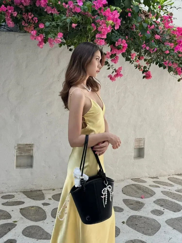 Women Solid Satin Sling Long Dress Casual Backless Sleeveless V-neck Pleated Gowns 2026 Summer Vacation Evening Party Robes