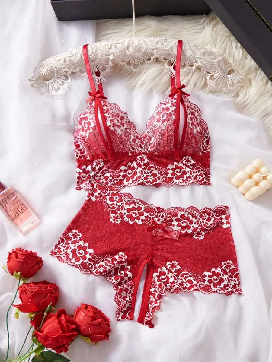 4 Sets Combined Romantic Lingerie Open Bra Transprent Underwear Set Crotchless Lace Pullover Outfits Embroidery No Pad Wireless