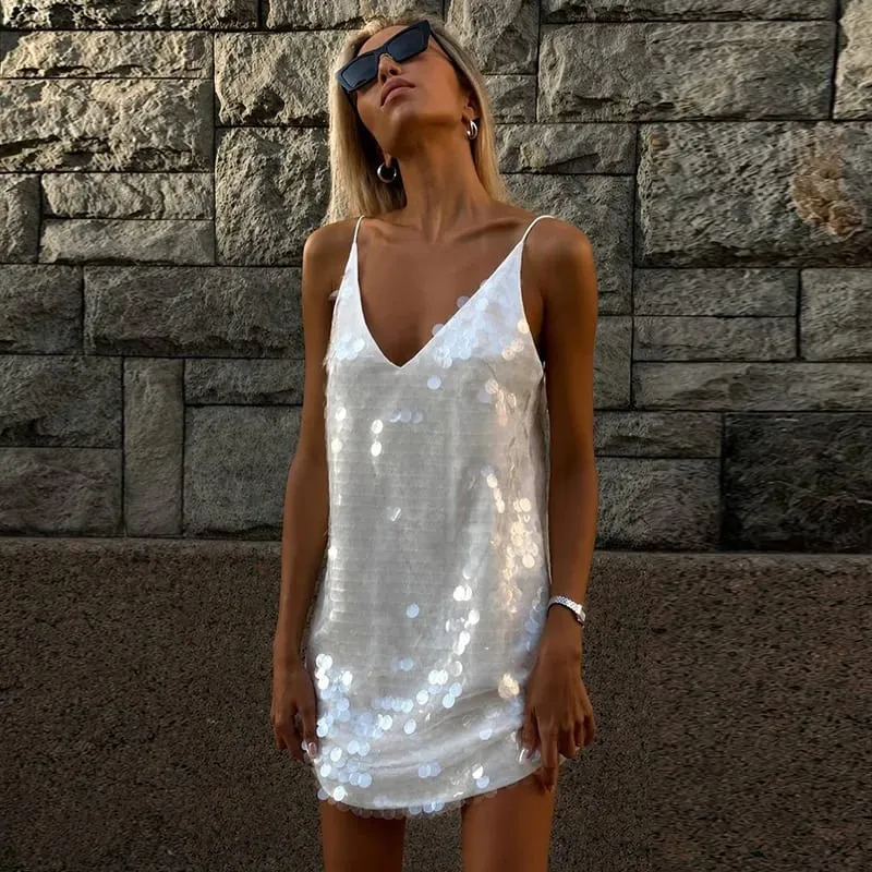 Sexy Women's Solid Sequin Sling Short Dress Sleeveless Backless V-neck Female Dresses 2026 Summer Lady Beach Holiday Vestidoes