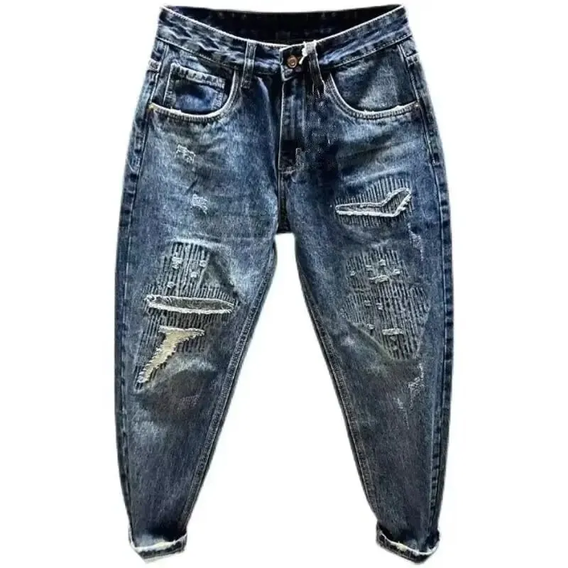 Koreansk luksustøj vasket Vintage Ripped Dad Jeans til mænd Løse lige ben Casual Streetwear Forår Efterår Cargo Bukser