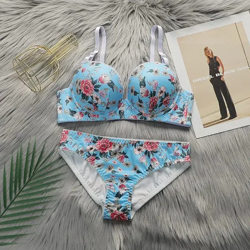 Teen Girls Floral Print Underwire Bra Set Women Floral Brassiere 2Pcs Lingerie Intimates