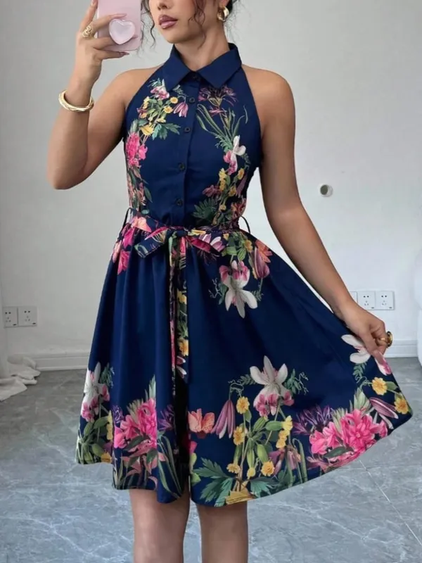 A Line Vestidos Y2k Street Wear Halter Print Floral Elegant Splice Party Night Work High Waist Short Dress Women Dresses