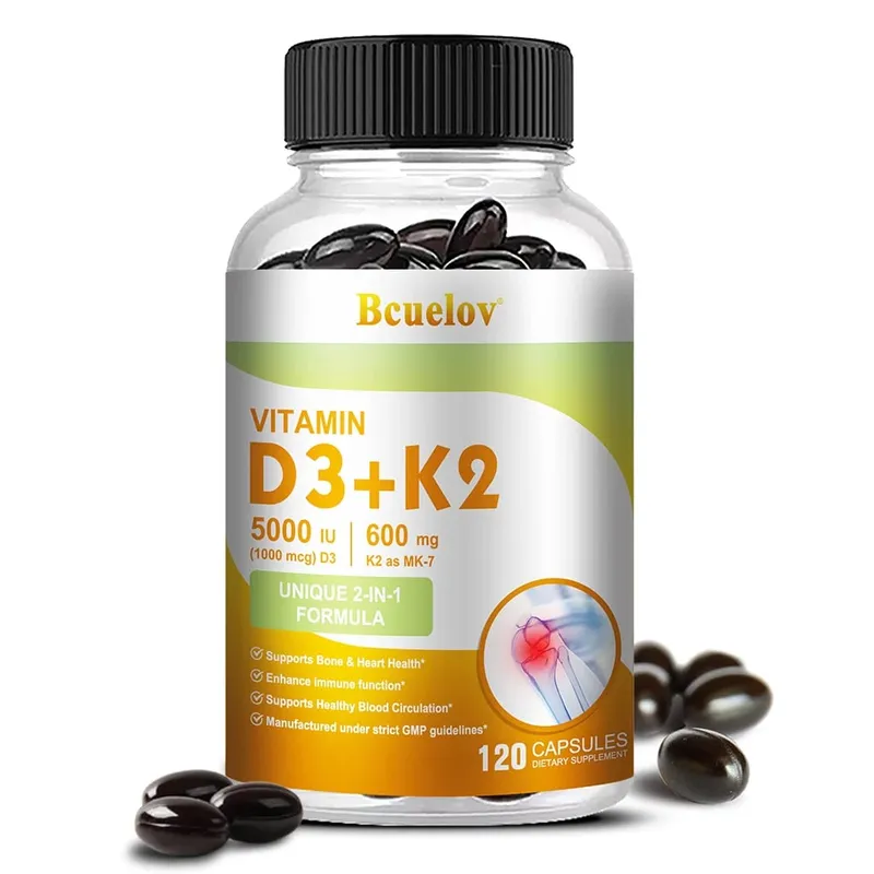 Bcuelov Vitamin D3+K2 5000 IU Vitamin D3 formula bukan GMO yang mudah ditelan vitamin D dan K kompleks makanan tambahan