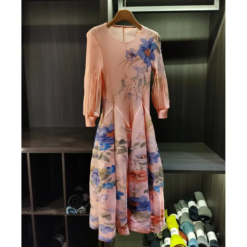 Spring New Oil Painting Print Ruched Dress Women's Beach Vacation Platycodon French Long Dress Fairy Style