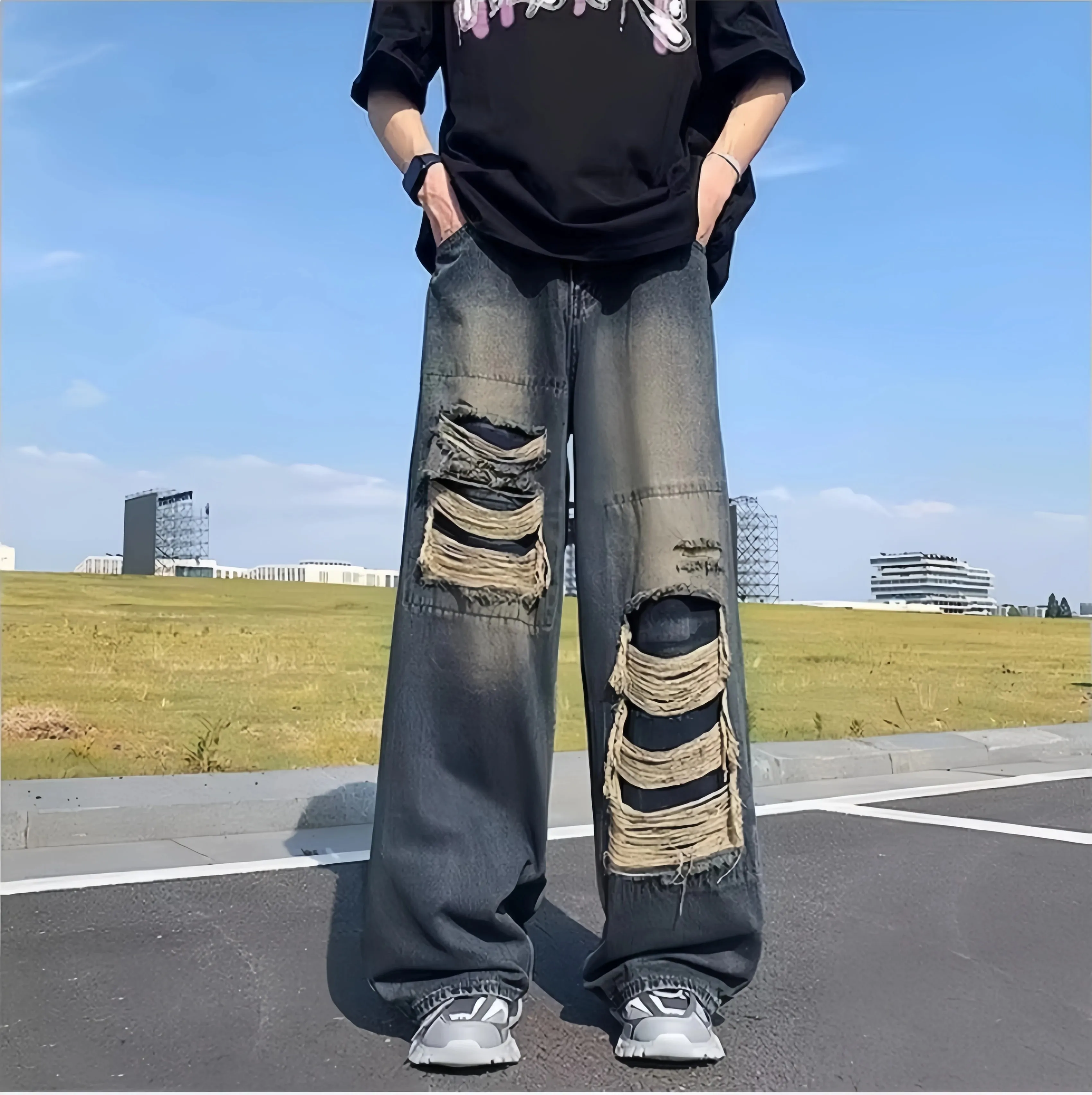 Vaqueros de pierna ancha holgados con lavado vintage oscuro para hombre Detalle rasgado deshilachado de múltiples capas Estilo urbano de Hip Hop Salida informal a la calle para uso diario Pantalones de mezclilla sueltos