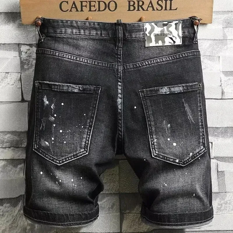 2025 Denim Shorts Men's Summer Trend Brand Printed Embroidered Trend Slim-Fit Casual Elastic Black Trousers Man Jeans Pants