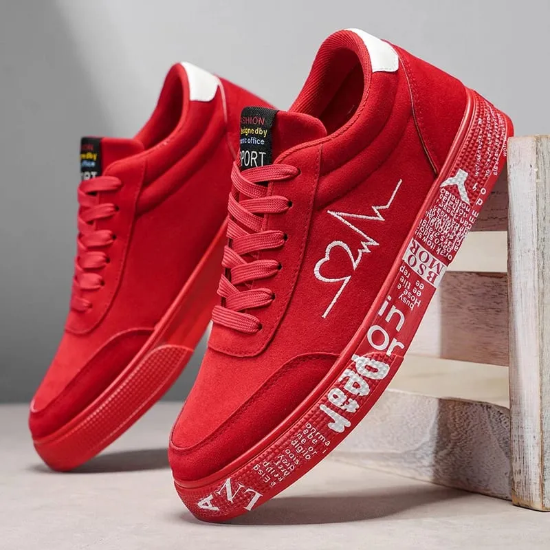 Men'S Black Suede Casual Sneakers With Red Heartbeat Embroidery Low Top Lace Up Skate Shoes Comfortable Versatile Footwear