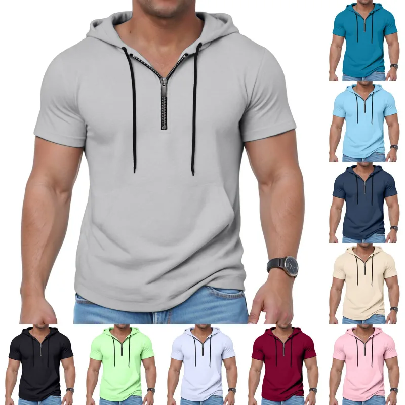 Hoodies casuais de manga curta masculina moda esportes metade zip cordão moletom mostrar mais forte solto respirável fitness hoodies — image 4