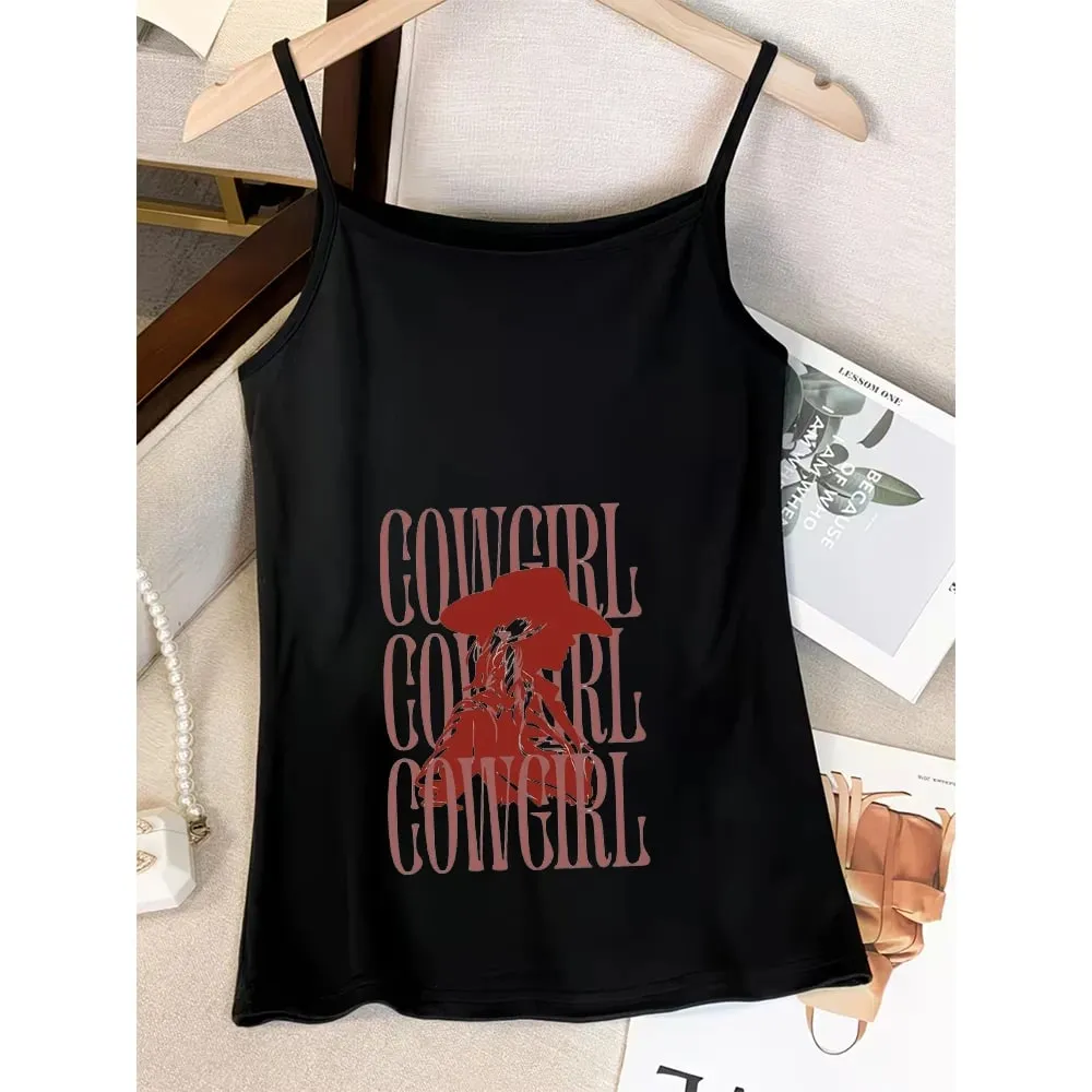Vintage Cowgirl Graphic Camisole Women Retro Western Cowboy Print Tank Top Slim Fit Black White Spaghetti Strap Ribbed Cami