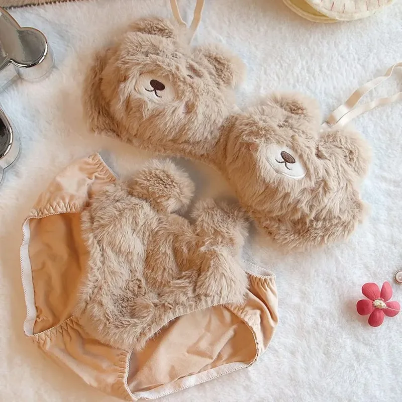 Cute Women Lingerie Set With Steel Ring Cartoon Bear Winter Bra & Brief Sets Soft Girl Warm Underwear Panties Suit Girl