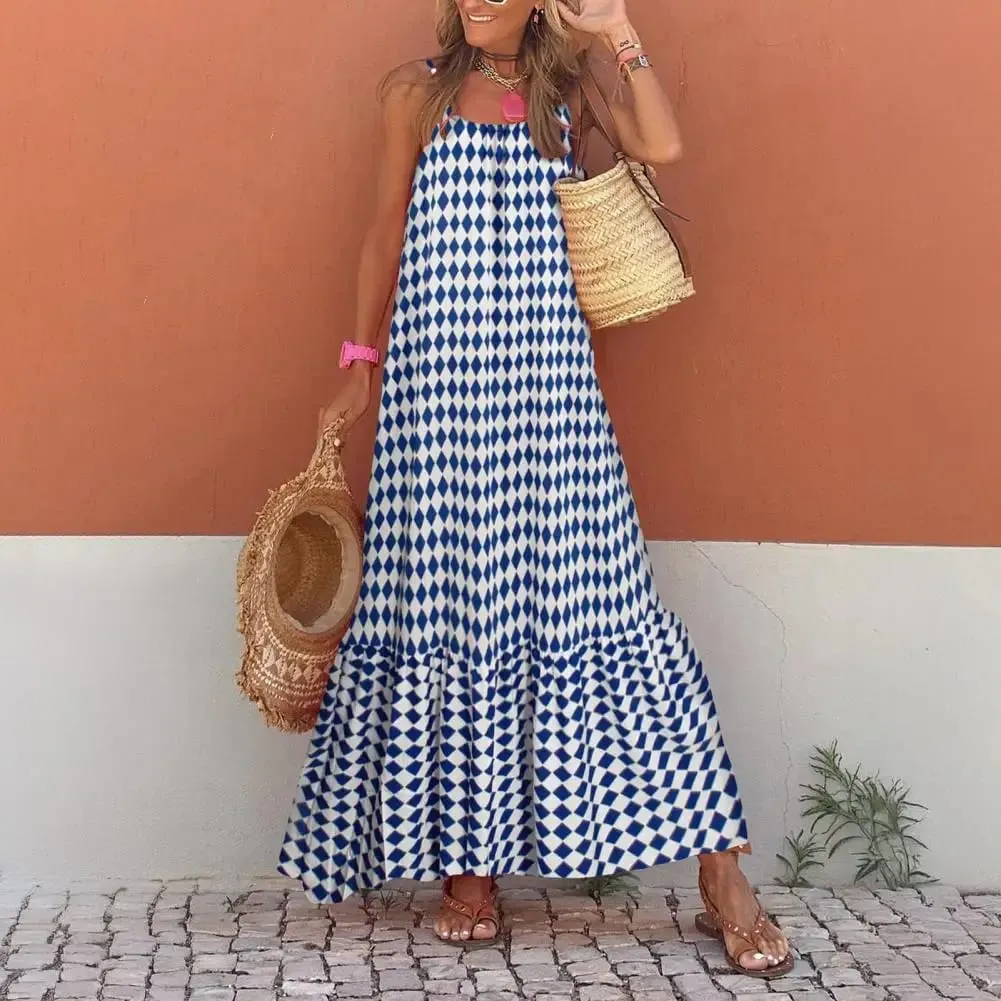 Women Bohemian Vest Dress Slipper Matching Dress Boho Floral Tiered Maxi Dresses for Women Summer Flowy Backless for Wardrobe