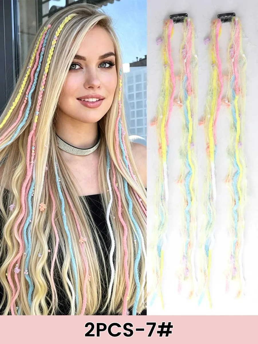 2PCS Colorful Rope Braided Hair Clip In Extensions Black Hair Dreadlock Hair Pieces Bohemian Hair Accessories For Women Daily