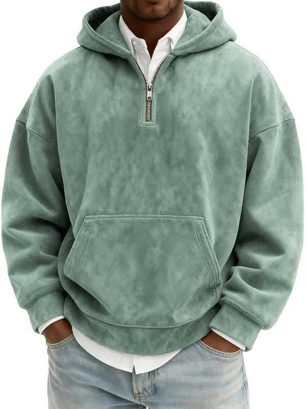 American New Fashion Men's Solid Color Half Zipper Long Sleeve Casual Trendy Daily Hooded Sweatshirts Male Hoodies Clothes Tops